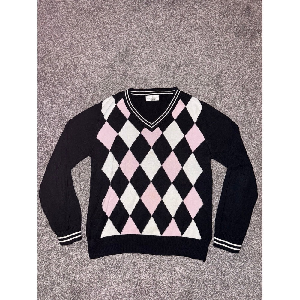 Sport Haley Women's Pink, Black & White Argyle V-Neck Sweater Size‎ Large